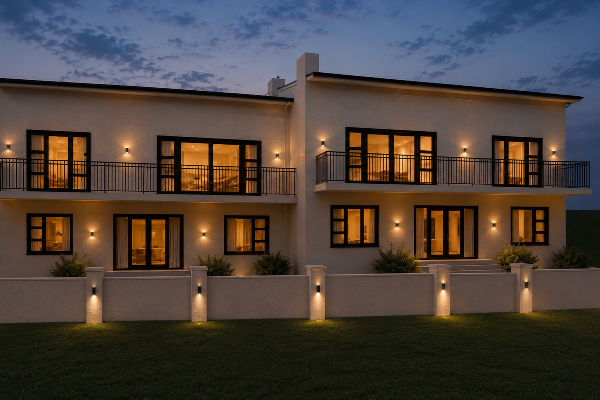 A modern two-story residential exterior at dusk, featuring a balcony with metal railings, extensive exterior lighting, and a secure boundary wall.