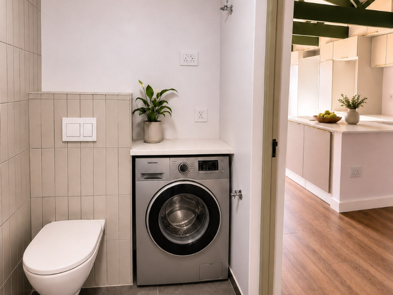 A modern utility space featuring a wall-mounted toilet and integrated laundry area, with a seamless transition into an open-plan kitchen with exposed ceiling beams.