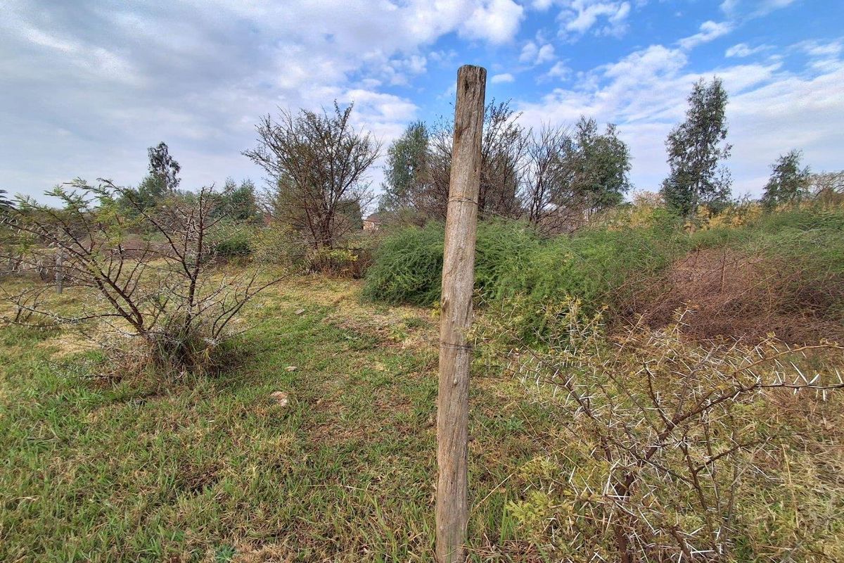 A view of a vacant residential plot featuring natural grass, scattered shrubs, and a weathered wooden fence post.