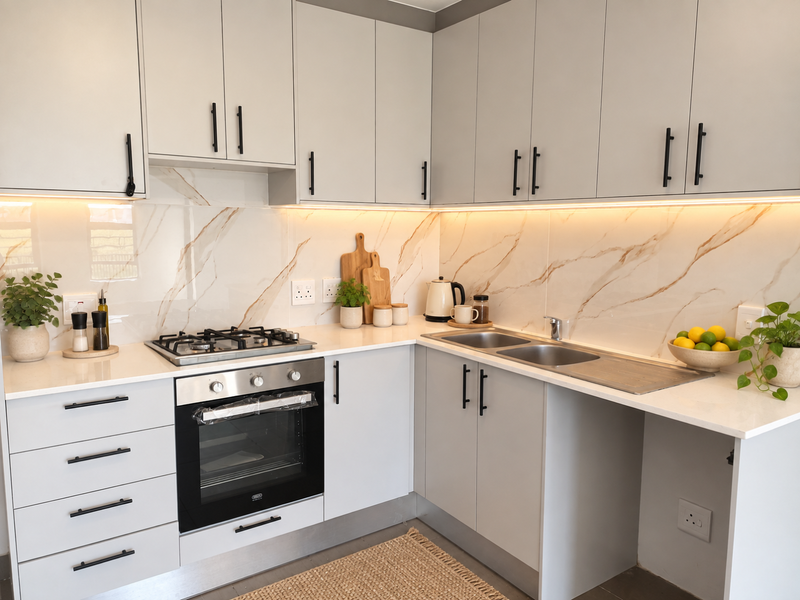 Modern kitchen featuring light grey cabinetry, marble-look splashback, gas hob, built-in oven, and integrated under-cabinet lighting with high-quality quartz countertops.