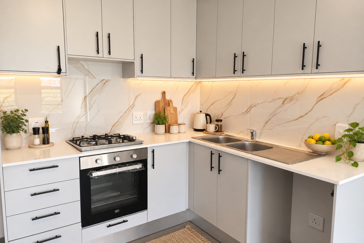 Modern kitchen featuring light grey cabinetry, marble-look splashback, gas hob, built-in oven, and integrated under-cabinet lighting with high-quality quartz countertops.