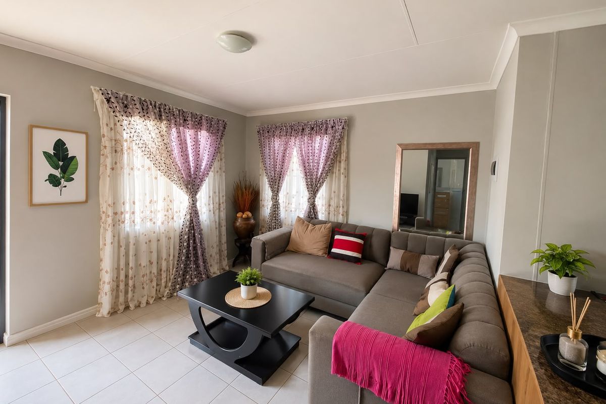 A well-maintained living room featuring neutral wall tones, tiled flooring, and ample natural light through dual windows.