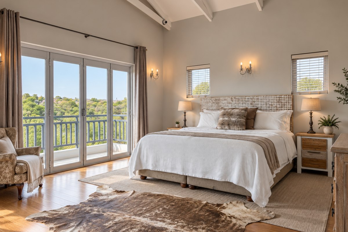 Spacious bedroom featuring vaulted ceilings with exposed beams, hardwood flooring, and large bi-fold doors opening onto a private balcony with scenic views.