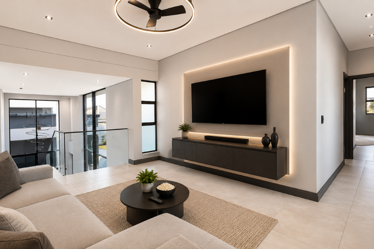 Modern living room featuring a floating media console, integrated LED accent lighting, recessed ceiling lights, and a glass balustrade overlooking the lower level.