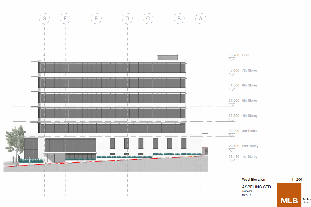 Architectural west elevation drawing for the office building located on Aspeling Street, detailing the seven-storey structure and podium level.