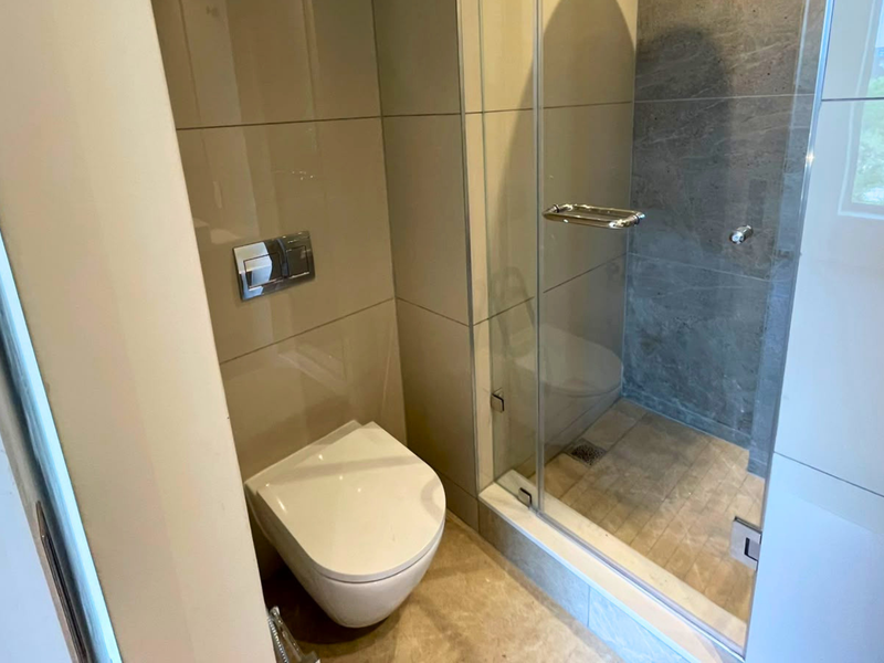 Modern bathroom featuring a wall-hung toilet with a concealed cistern and a glass-enclosed shower with contemporary tiling.