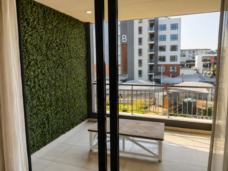 A modern apartment balcony featuring a decorative artificial green wall, tiled flooring, and a metal balustrade with views of the surrounding complex.