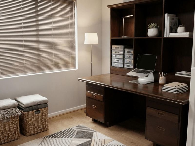 A well-lit home office featuring laminate flooring and fitted venetian blinds, providing a functional and organized workspace.