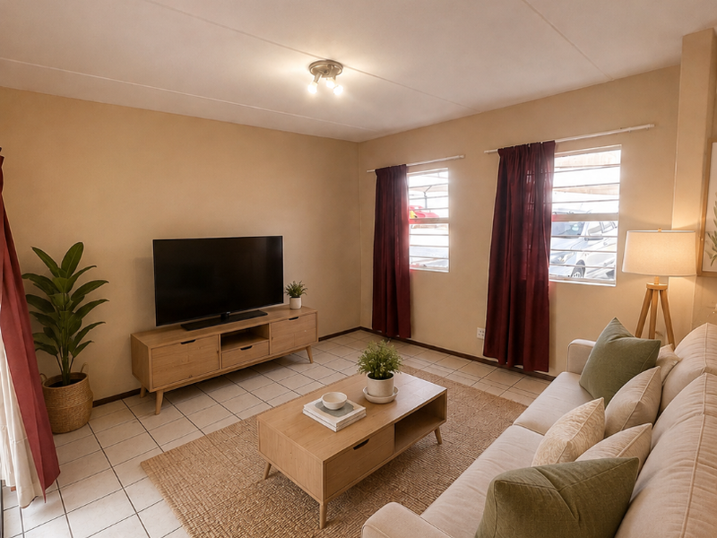 A comfortable living room featuring tiled flooring, neutral wall tones, and natural light through dual windows.