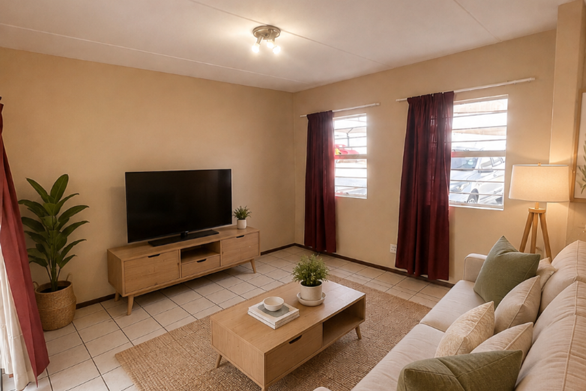 A comfortable living room featuring tiled flooring, neutral wall tones, and natural light through dual windows.