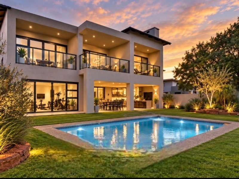 Stunning double-story rear elevation featuring a swimming pool, landscaped garden, covered patio, and upper-level balconies with modern glass balustrades.