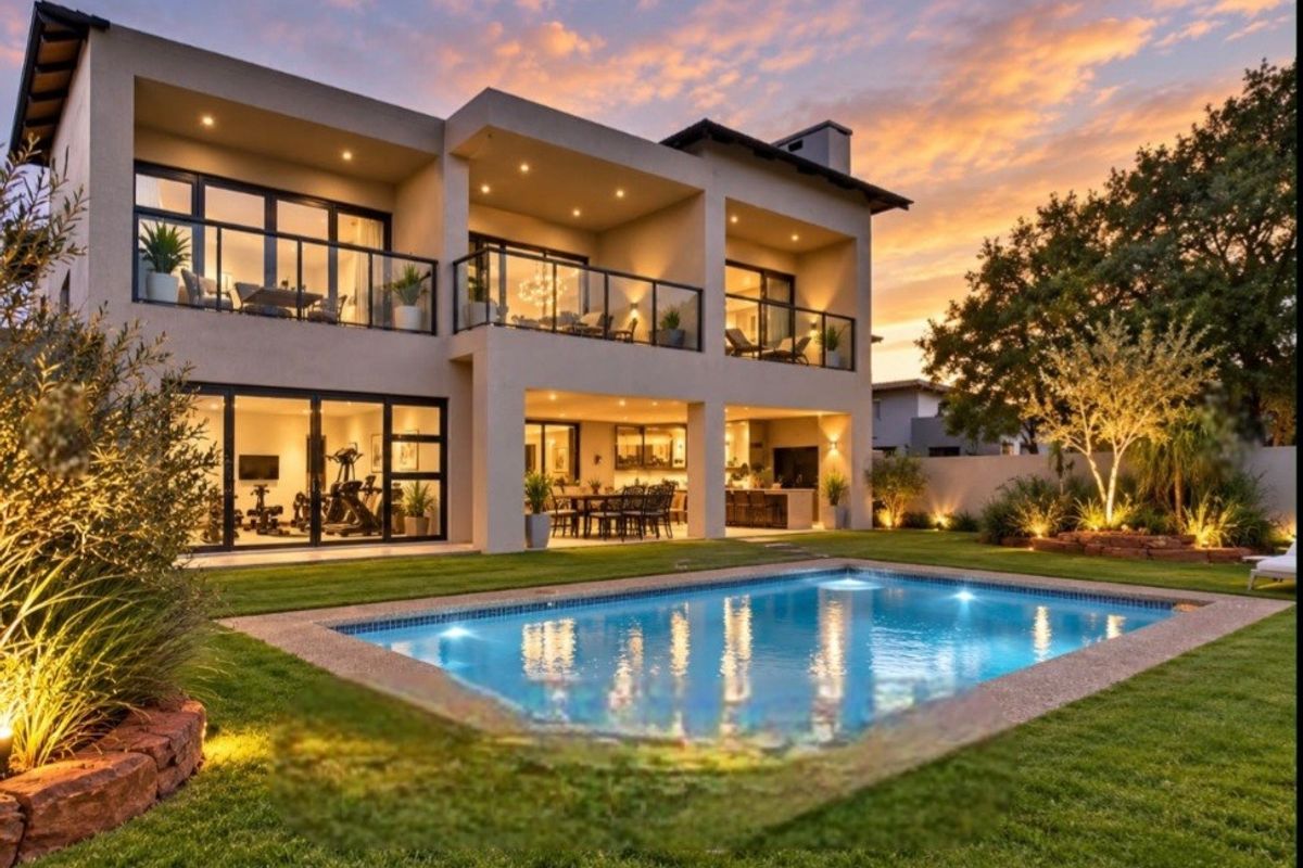 Stunning double-story rear elevation featuring a swimming pool, landscaped garden, covered patio, and upper-level balconies with modern glass balustrades.