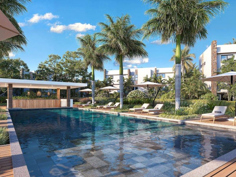 A professionally rendered view of a modern swimming pool area featuring a covered bar, timber decking, and lush tropical landscaping.