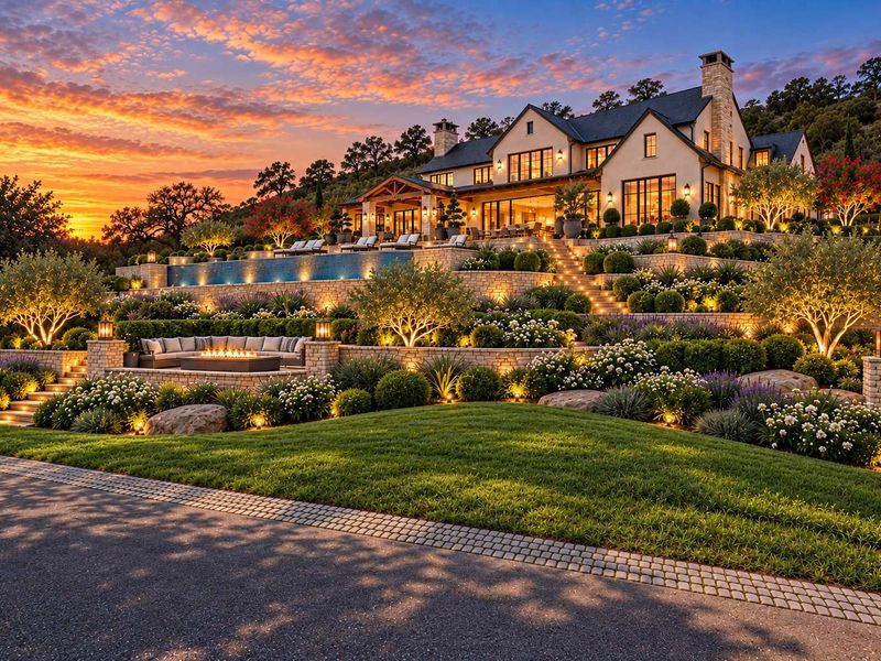 Stunning rear elevation of a luxury residence featuring terraced stone gardens, an infinity pool, and a built-in fire pit area at sunset.