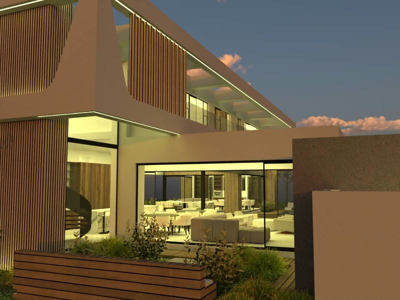 A modern architectural exterior view featuring timber slat cladding, expansive glass sliding doors, and integrated lighting, showcasing a contemporary design aesthetic.