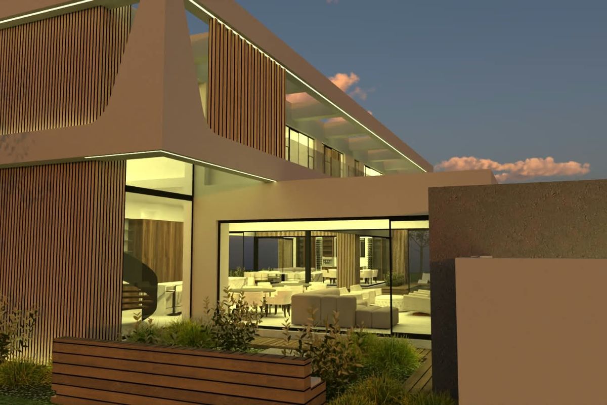 A modern architectural exterior view featuring timber slat cladding, expansive glass sliding doors, and integrated lighting, showcasing a contemporary design aesthetic.