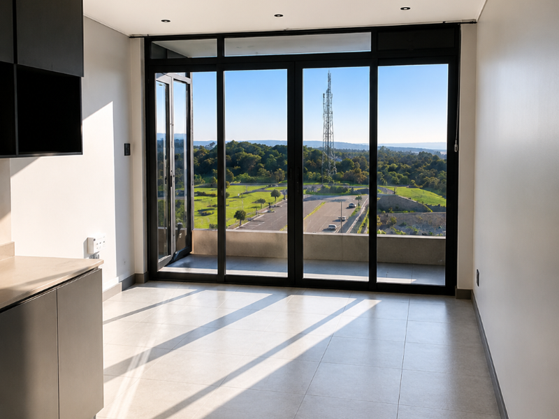 Modern open-plan living area featuring sleek tiled floors, built-in cabinetry, and large glass sliding doors opening to a balcony with scenic views.