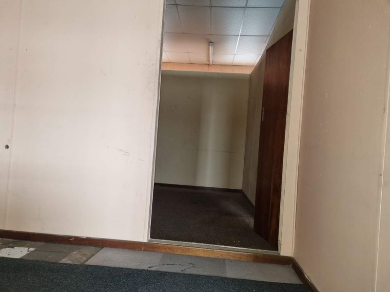 An empty office space featuring a suspended ceiling, fluorescent lighting, and worn carpet flooring, ready for refurbishment.