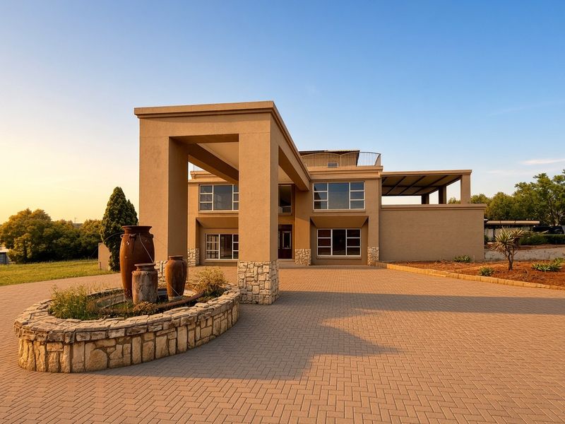 Impressive modern residence featuring a grand porte-cochere, extensive paved driveway, and a decorative stone-clad fountain at the front entrance.