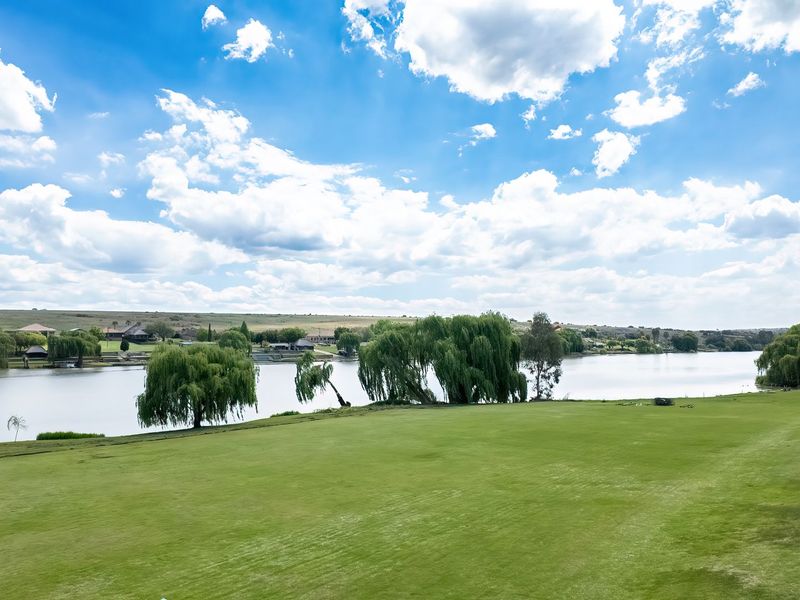 A scenic view overlooking a large lake with expansive green lawns and mature willow trees under a bright blue sky.