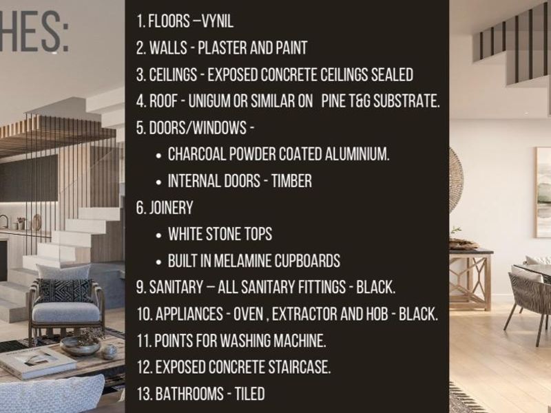 A modern open-plan living and kitchen area featuring an exposed concrete staircase, contemporary black sanitary fittings, and high-quality finishes throughout.