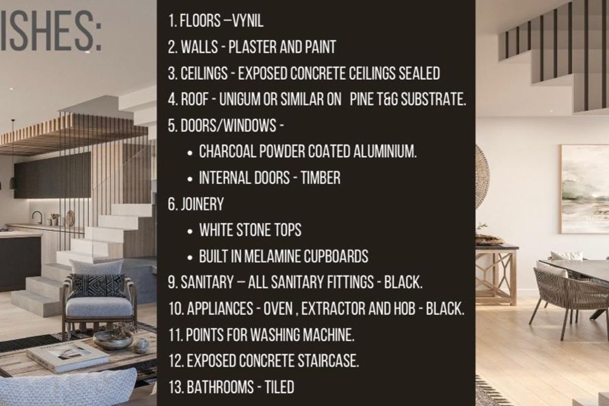 A modern open-plan living and kitchen area featuring an exposed concrete staircase, contemporary black sanitary fittings, and high-quality finishes throughout.