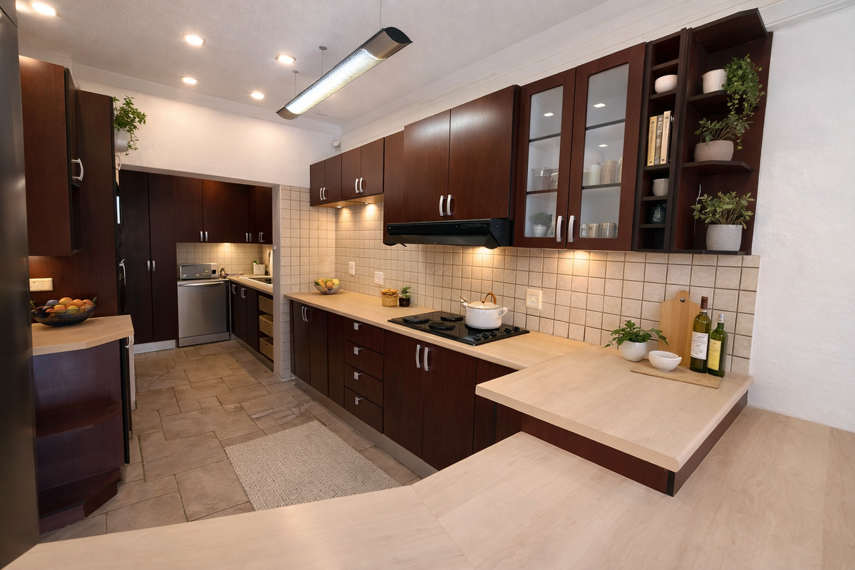 A functional kitchen featuring dark wood cabinetry, light-toned countertops, tiled backsplash, and integrated lighting, with an adjacent scullery area.