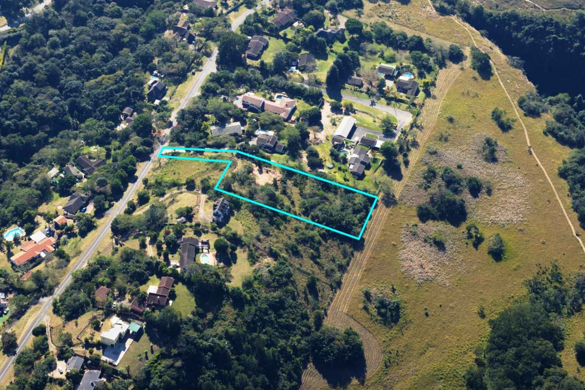 Aerial view of a vacant residential plot outlined in blue, situated within a established neighborhood with surrounding greenery and access roads.
