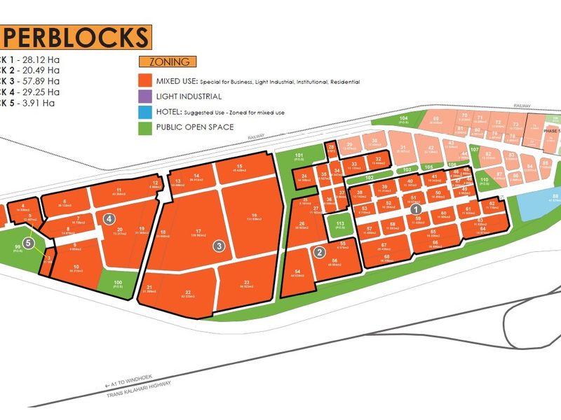 A detailed site development plan illustrating the layout of superblocks, zoning designations, and land use distribution for the commercial property.