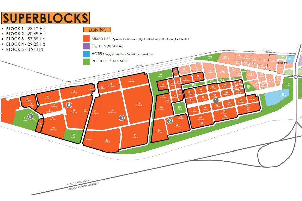 A detailed site development plan illustrating the layout of superblocks, zoning designations, and land use distribution for the commercial property.