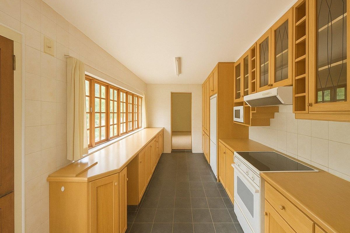 A functional galley-style kitchen featuring light wood cabinetry, tiled flooring, a built-in oven with hob, and an extractor fan.