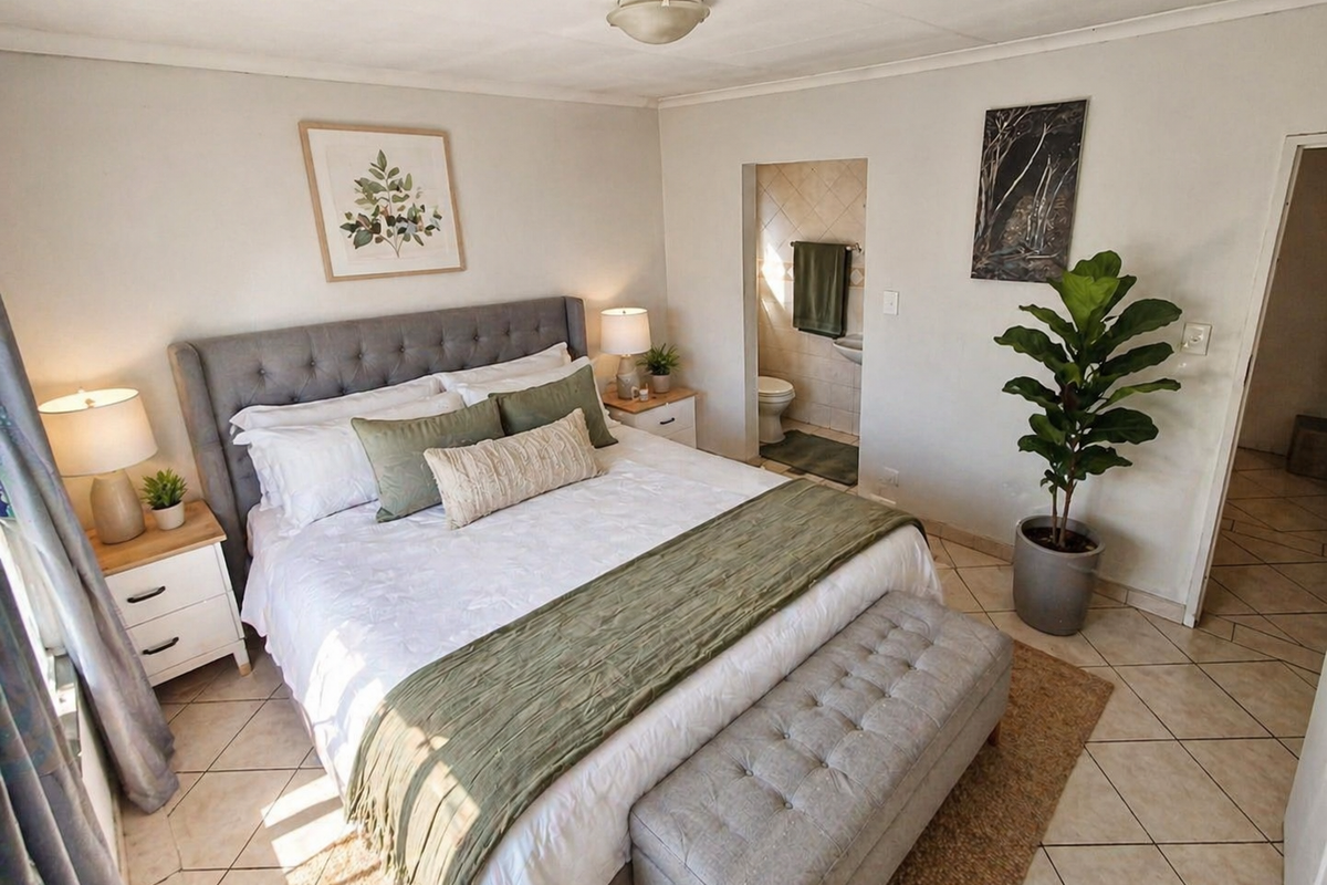 A well-lit bedroom featuring tiled flooring and an en-suite bathroom access, providing a comfortable and functional living space.