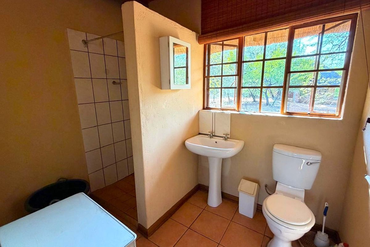 A functional bathroom featuring a pedestal basin, toilet, and a walk-in shower area with tiled flooring and natural light from timber-framed windows.