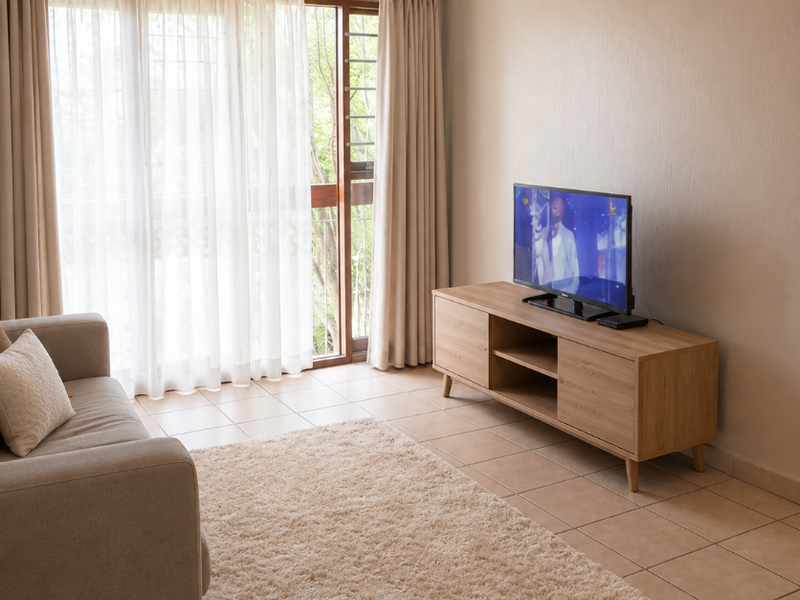 A bright living room featuring neutral tiled flooring, coving, and a large sliding glass door providing access to the exterior.