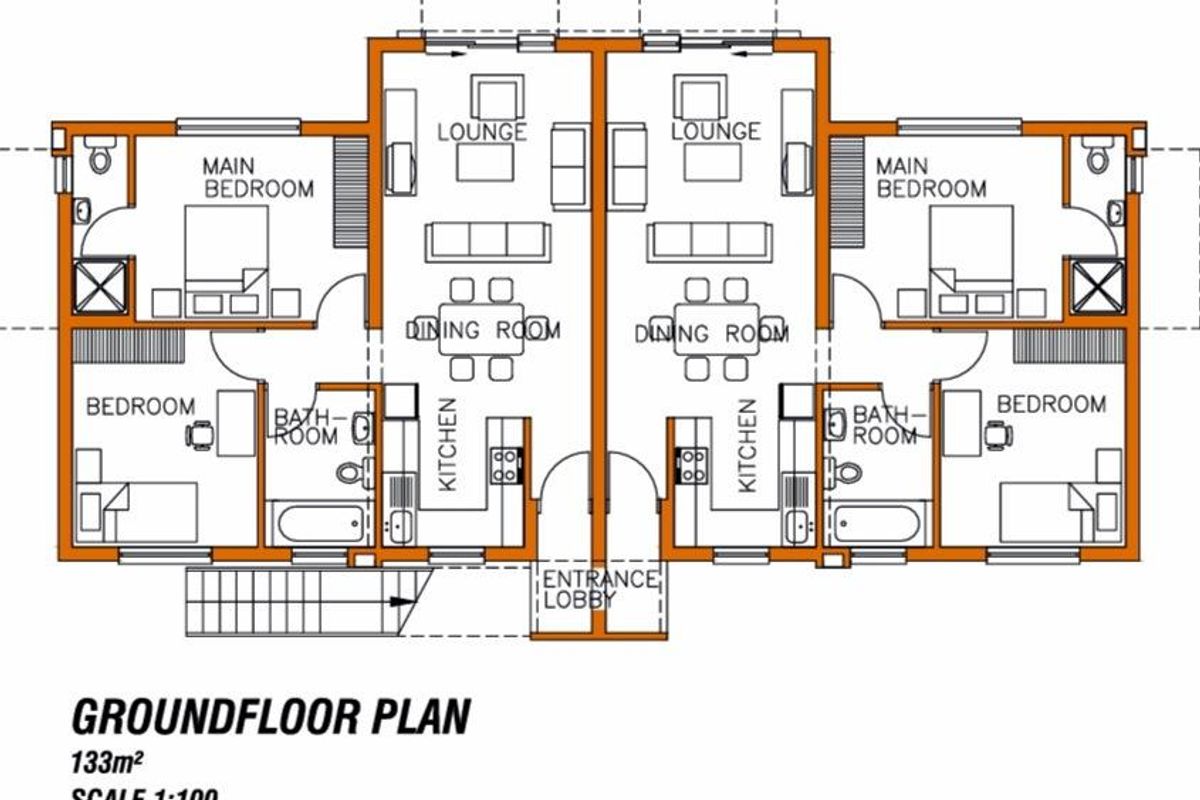 A detailed ground floor architectural plan for a residential property, showcasing the layout of two mirrored units with bedrooms, bathrooms, and open-plan living areas.