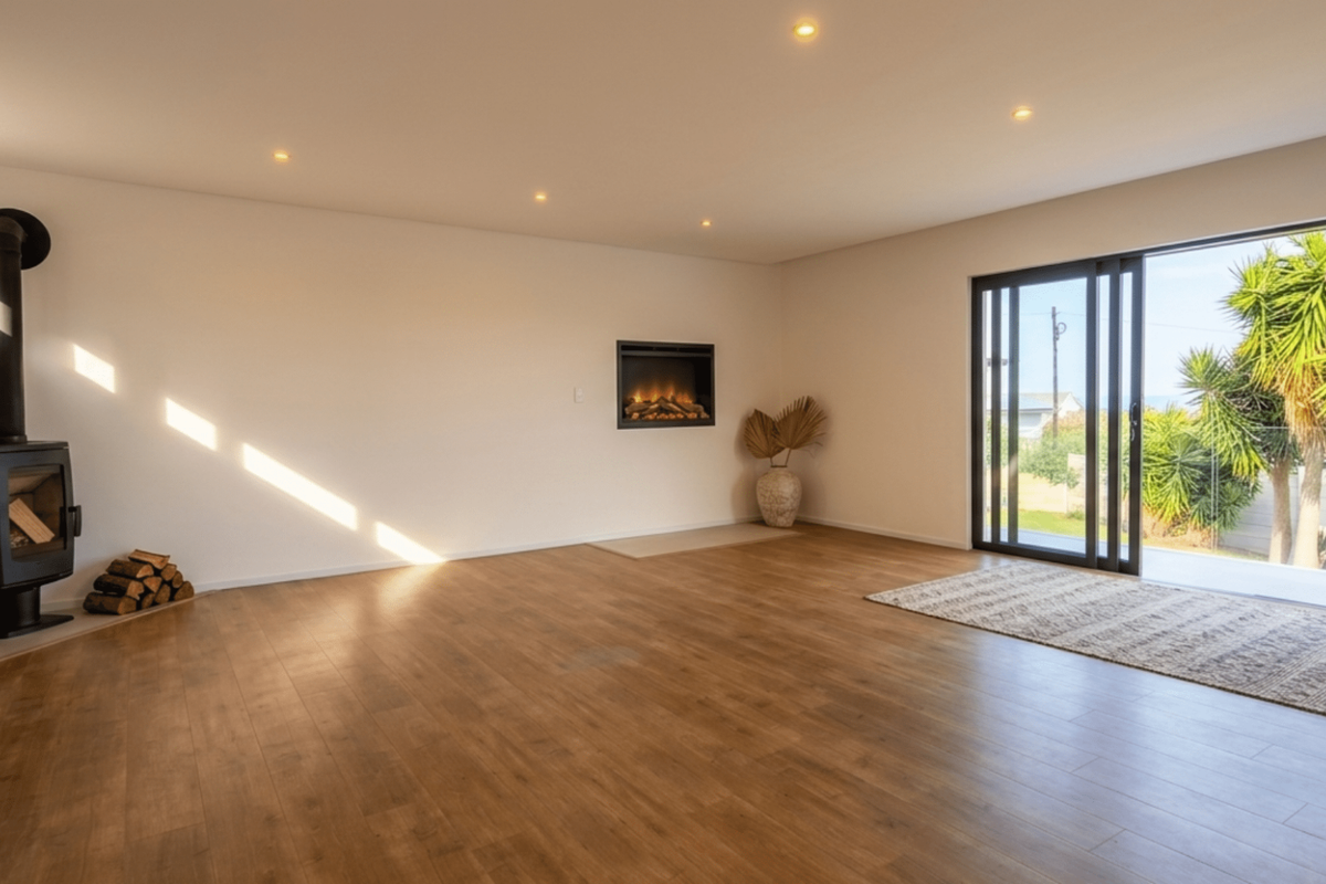 Spacious living room featuring laminate flooring, a freestanding wood-burning stove, a built-in electric fireplace, and large sliding doors opening to the garden.