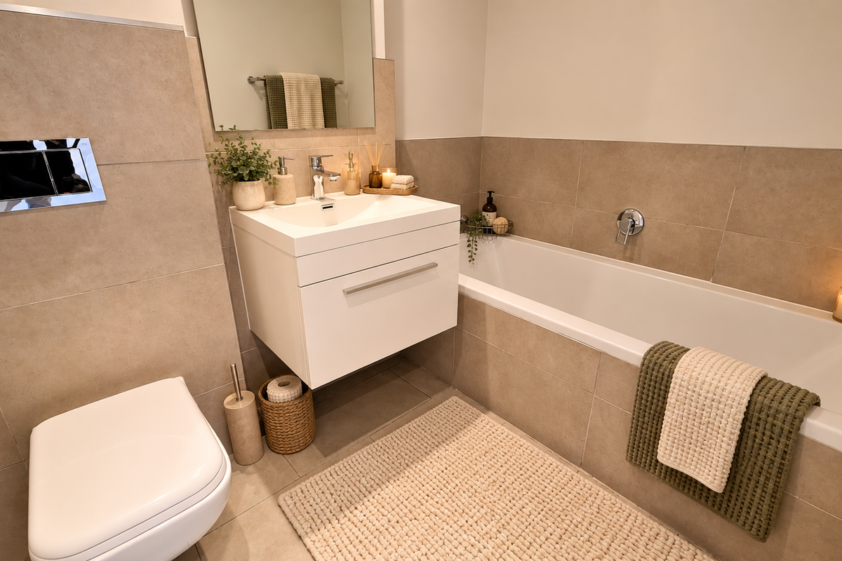 Modern bathroom featuring a wall-mounted vanity, built-in bathtub, and wall-hung toilet with neutral tiled finishes.
