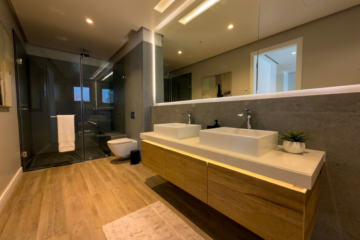 Modern bathroom featuring a double vanity with wood cabinetry, wall-mounted toilet, and a spacious glass-enclosed shower with contemporary lighting.