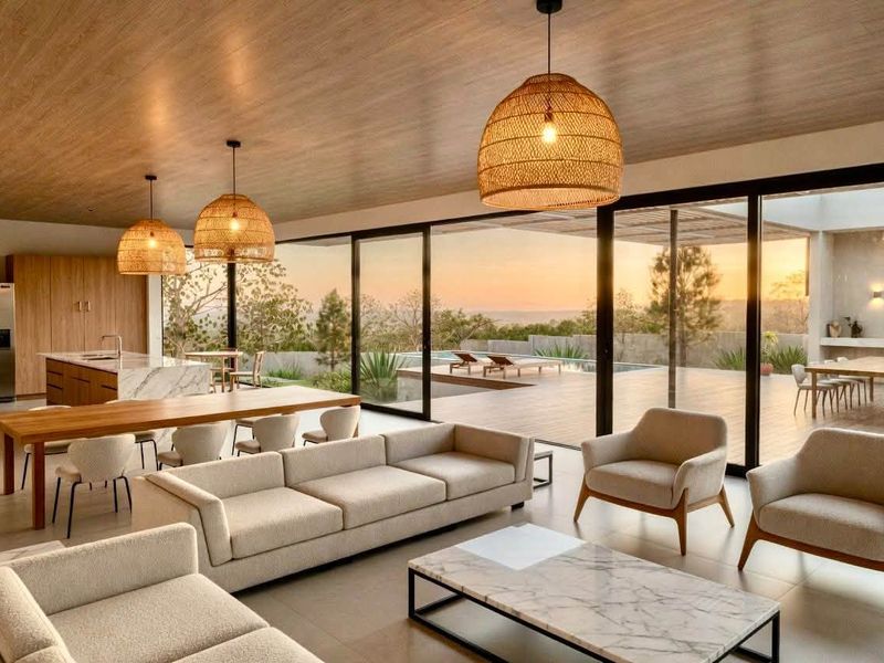 Spacious open-plan living and kitchen area featuring high-end finishes, large sliding glass doors, and seamless indoor-outdoor flow to the pool deck.