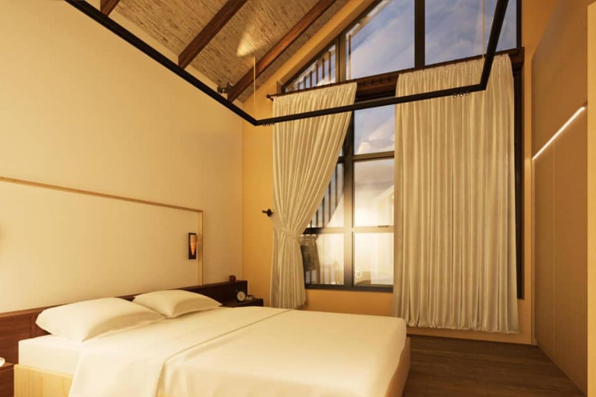 A modern bedroom featuring a high vaulted ceiling with exposed timber beams, large floor-to-ceiling windows, and integrated lighting.