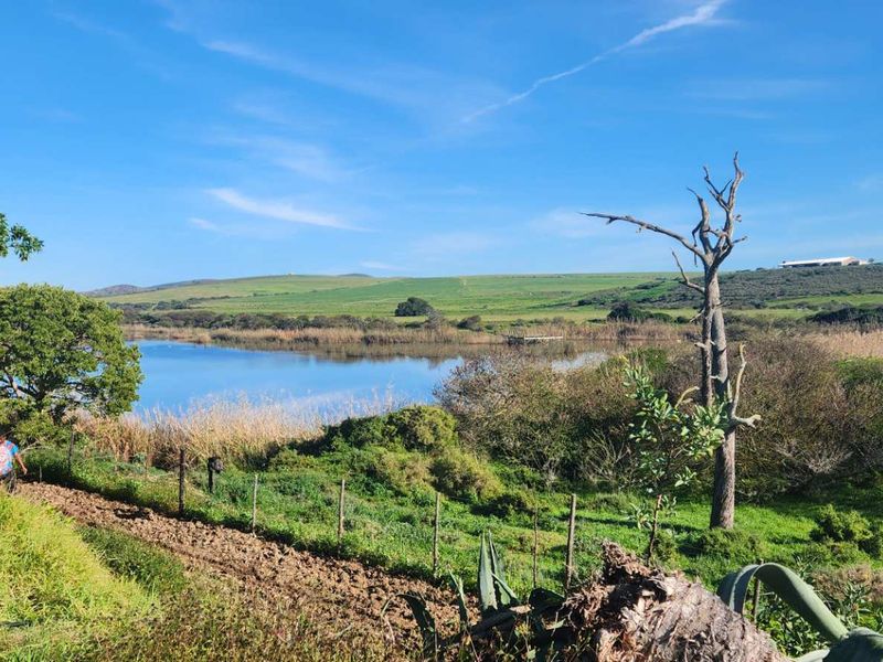 A scenic landscape view overlooking a natural dam and surrounding farm fields, showcasing the property's tranquil rural setting.