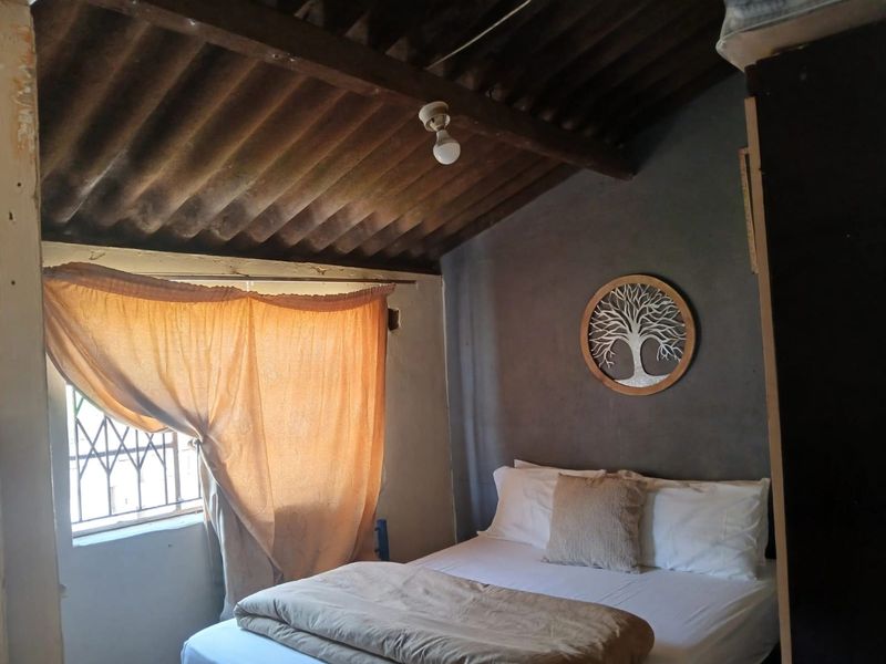 A bedroom featuring exposed timber rafters and corrugated roof sheeting, with security bars on the window and a dark feature wall.
