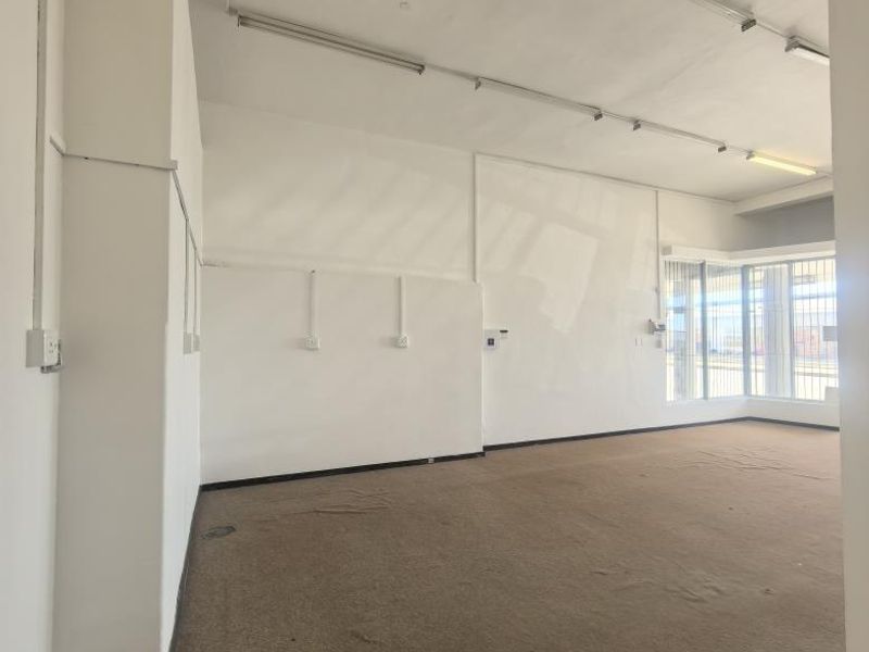 An empty, open-plan office space featuring large windows, fluorescent lighting, and worn carpeting, suitable for a variety of business configurations.