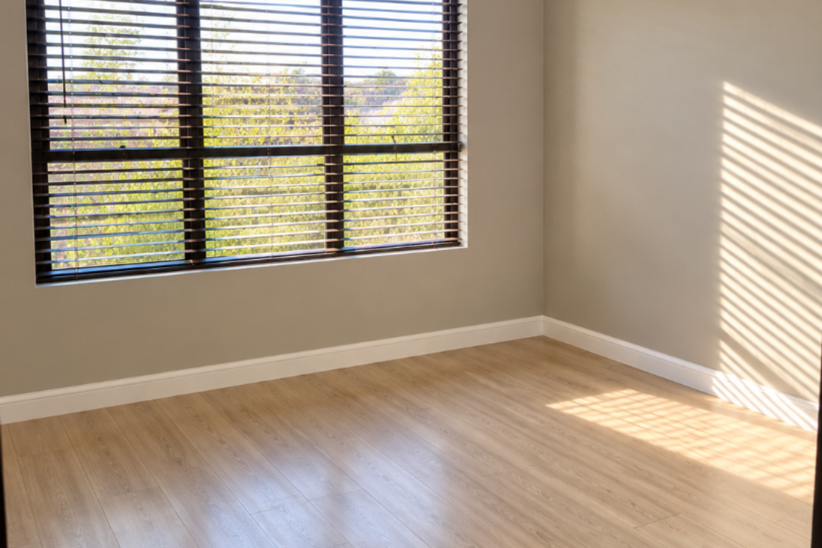 A bright, empty bedroom featuring light-toned laminate flooring, neutral wall paint, crown molding, and dark venetian blinds.