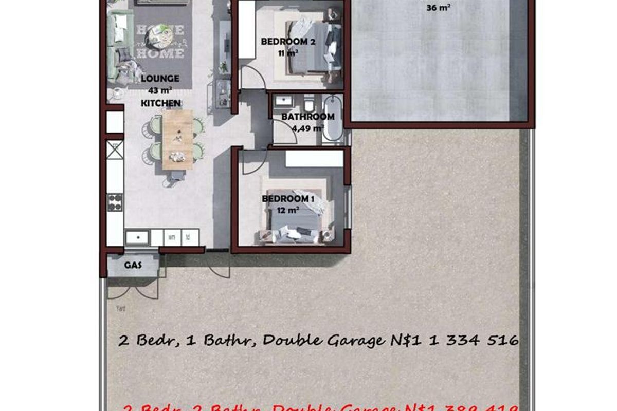Architectural floor plan showing a two-bedroom townhouse layout with an open-plan living area, kitchen, bathroom, and double garage.