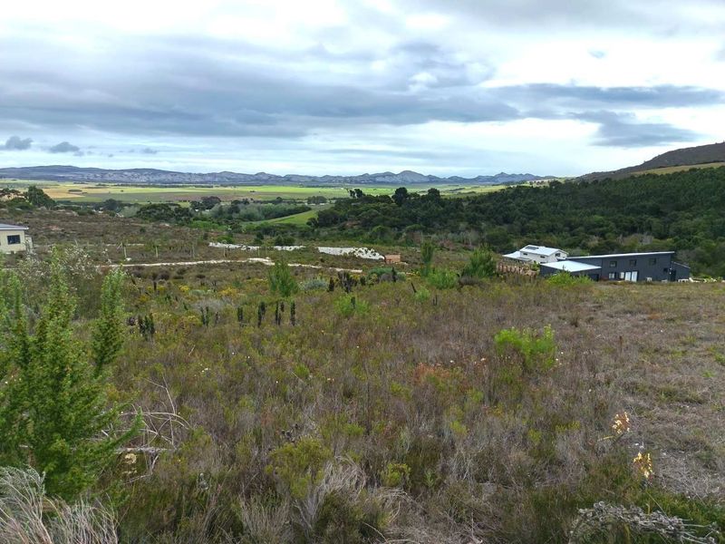 A scenic elevated view overlooking a vast expanse of natural fynbos landscape with distant mountains and surrounding residential properties.