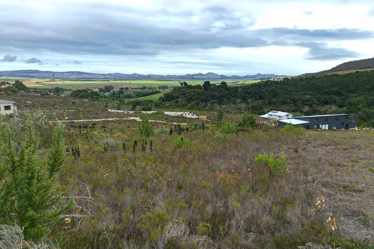 A scenic elevated view overlooking a vast expanse of natural fynbos landscape with distant mountains and surrounding residential properties.