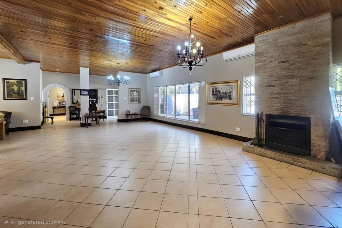 Spacious living area featuring a timber-clad ceiling, stone-clad fireplace, ceramic floor tiles, and split-system air conditioning.