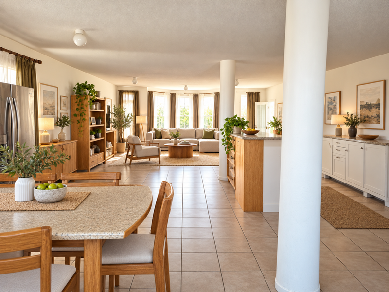 Spacious open-plan living and dining area featuring tiled flooring, structural columns, and a well-appointed kitchen with stone countertops and ample cabinetry.