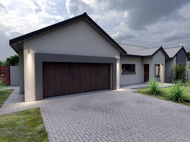 Modern front elevation of a house featuring a paved driveway, double garage, and clean architectural lines.